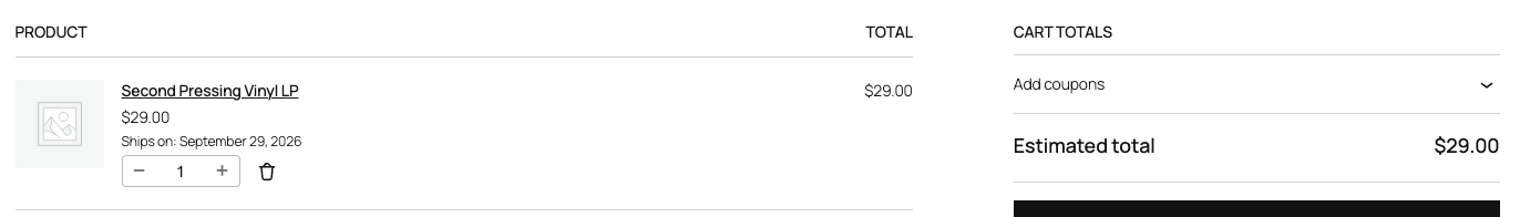 Block-based cart page showing a Ships on date line under a pre-order item