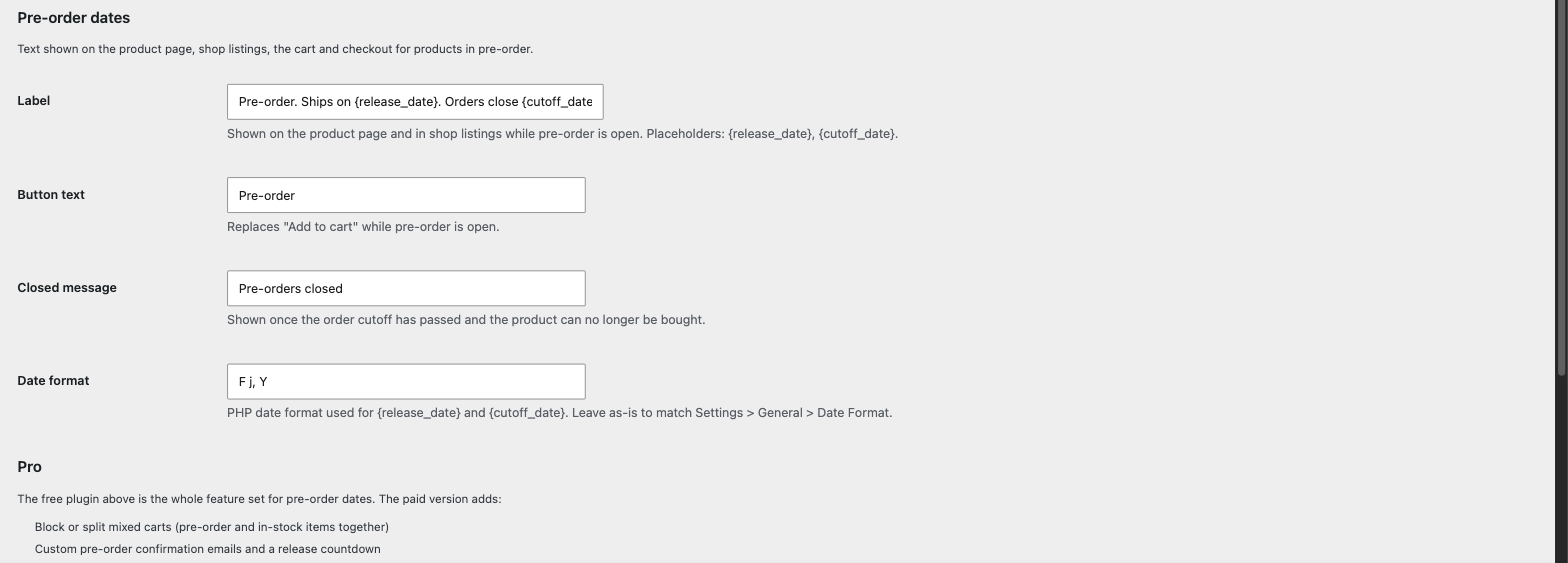 WooCommerce Settings, Products, Pre-order dates screen, with the Pro box visible