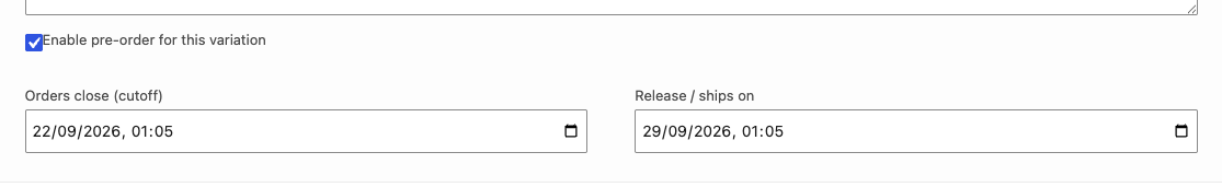 Variation row on the Variations tab, with its own pre-order cutoff and release date fields