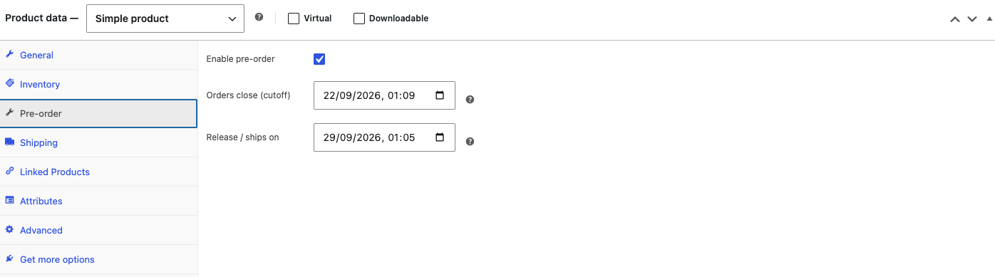 Pre-order tab on a WooCommerce product, with the cutoff and release date fields filled in